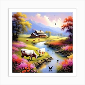 Cows By The Stream Art Print