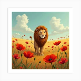 Lion In A Meadow Of Poppies 1 Art Print