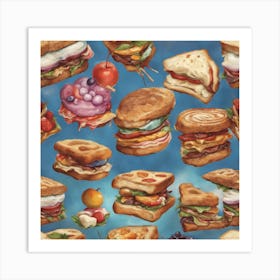 Sandwiches On A Blue Background Candwich ( Bohemian Design ) Art Print