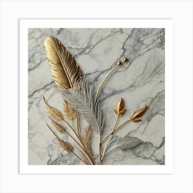 Gold Feathers On Marble Art Print