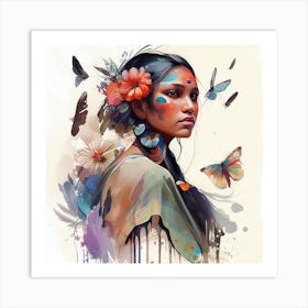 Watercolor Floral Indian Native Woman #3 Art Print