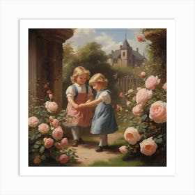 Two Little Girls In A Garden Art Print