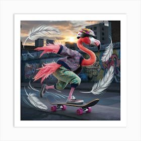 Flamingo Skateboarding 1 Art Print