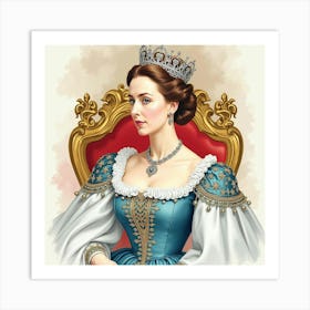 Watercolor Portrait Of Queen Elizabeth I, Detailed Gown, Regal Background 1 Art Print