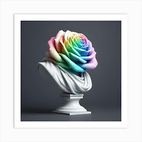 A White Marble Bust Of Rainbow Colored Rose On A Grey Background, 3d 5 Art Print