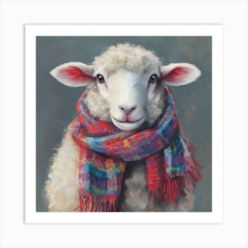 A Cute Sheep Portrait, Dressed In A Cozy Scarf With Vibrant Colors Of Red And Blue Plaid Pattern Poster