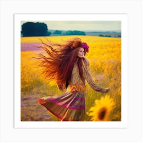 Beautiful Woman In A Field Of Sunflowers Art Print