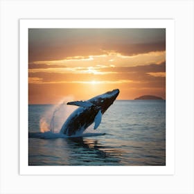 Humpback Whale Breaching At Sunset Art Print