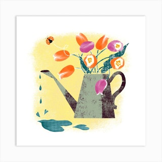 Orange And Purple Tulip Flowers In A Watering Can Square Art Print