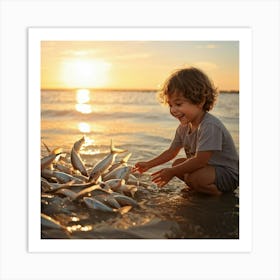 Little Boy Playing With Fish Art Print