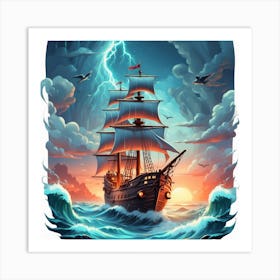 Pirate Ship In Stormy Sea Art Print