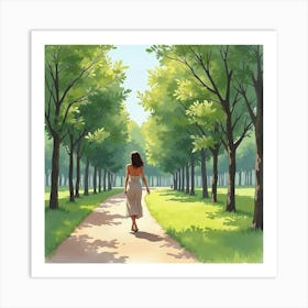 Spanish Woman In A Serene Park, Watercolor With Tranquil Greens 1 Art Print