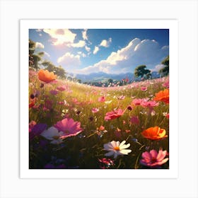 Field Of Wild Flowers Many Colours Landscape Art Print