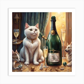 Champagne And Cats Art Print