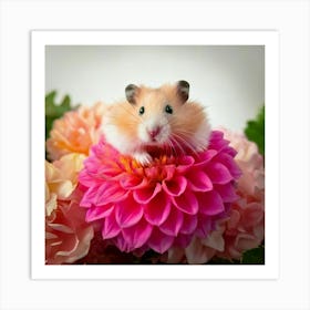 Firefly Cute, Hamster, Pink Dahlia, Bright Colors, Neutral Background, Adorable, Charming, Vibrant, (10) Art Print