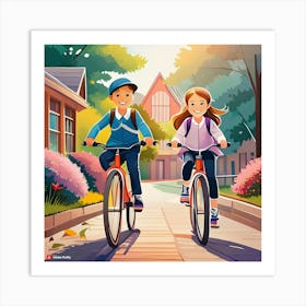 School Children Riding Bicycles Art Print