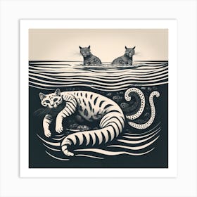 swimming cat under sea with Tiger And Octopus Art Print