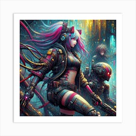 Futuristic Girl With Robots Art Print