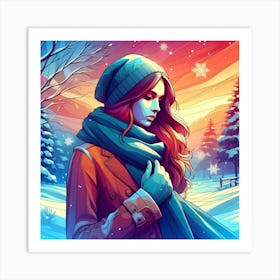 Winter Girl In Scarf Art Print