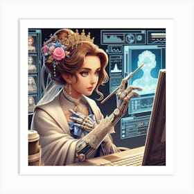 Woman Using A Computer Art Print