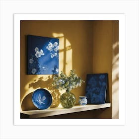 Blue Flowers On A Shelf 1 Art Print
