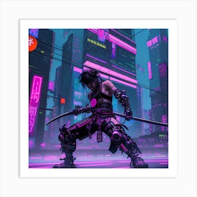 Cyberpunk Samurai In A Neon Lit Megacity in A Futuristic World Of Dazzling Neon Lights Art Print