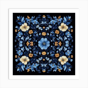 Blue Flowers On A Black Background Art Art Print