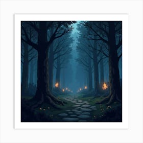 A Dark Forest With Glowing Spirits And Ancient Trees 1 Art Print