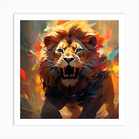 Abstract Expressionism Mean Male Lion Black Main Big Male Lion Charging At Camera Art Print