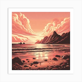 Evening Rosegold Beach at sunset amidst the mountains in an art print 4 Art Print