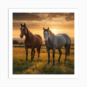 Leonardo Vision Xl Horses Graze On Grass At Sunset 2 Art Print