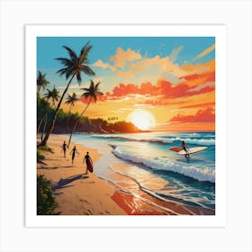 Surfers On The Beach Art Print