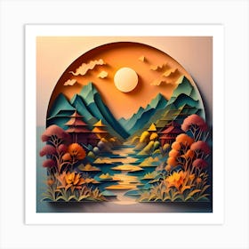 Landscape painting made of cut paper. It is a scene of a stream with trees and flowers on either side. A depiction of sunset. Art Print