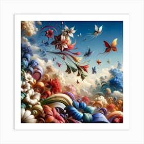 Colorful Flowers And Butterflies Art Print