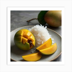 Ripe mango peeled,showing yellow flesh inside.Place on a plate topped with thick coconut milk and soft white glutinous rice. Sprinkle with small crunchy soybeans.Topped with fresh coconut milk. White,thick,sticky and there was smoke aura spred all over a large golden and white aura attacked the white and gray aura. The background is a mango tree. With yellow mangoes, fully ripe, Phu Chao, bright sunlight, 4k resolution. 1 Art Print