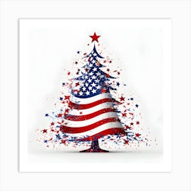 Patriotic Christmas Tree Illustration: Red, White, and Blue Holiday Art for Festive Décor Art Print