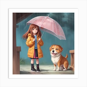 Girl And Dog In The Rain Art Print