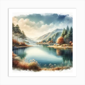 Reflections: A Serene and Harmonious Watercolor Painting of a Lake and Mountains Art Print