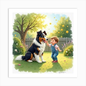 Happy Bearded Collie With A Child Playing In A Sunlit Garden, Watercolor 1 Art Print