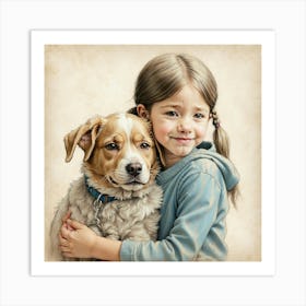 Little Girl Hugging Dog Art Print