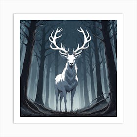 A White Stag In A Fog Forest In Minimalist Style Square Composition 45 Art Print