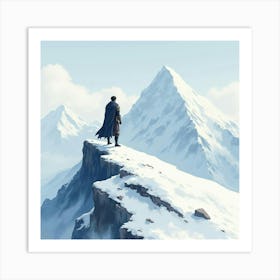 Noble Warrior Standing On A Snowy Mountain Peak, Watercolor Landscape 1 1 Art Print