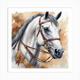 White Horse With Bridle Watercolor Art Print