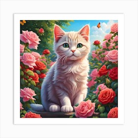 The Enchanted Rose Garden Cat Art Print