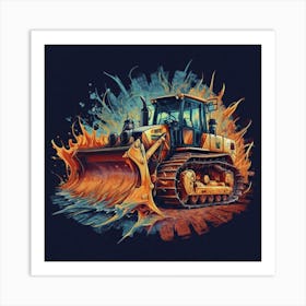 Yellow bulldozer surrounded by fiery flames 12 Art Print