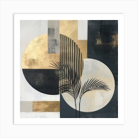 Gilded Botanical Geometry: Minimalist Fusion in Black, White, and Gold Art Print