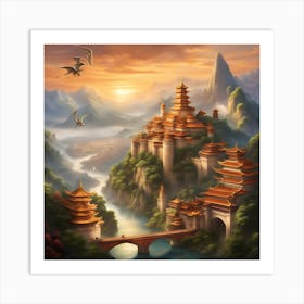 Dragons Flying Over A City Art Print