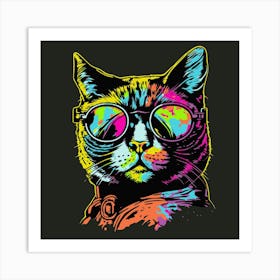 Cat With Sunglasses Neon Art Print