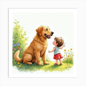 A Golden Retriever And A Child Enjoying A Summer Day In The Garden, Watercolor Art Print