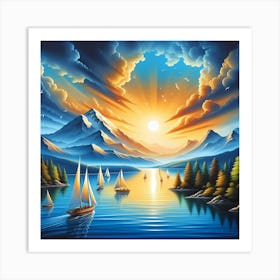 Sunset With Sailboats Art Print